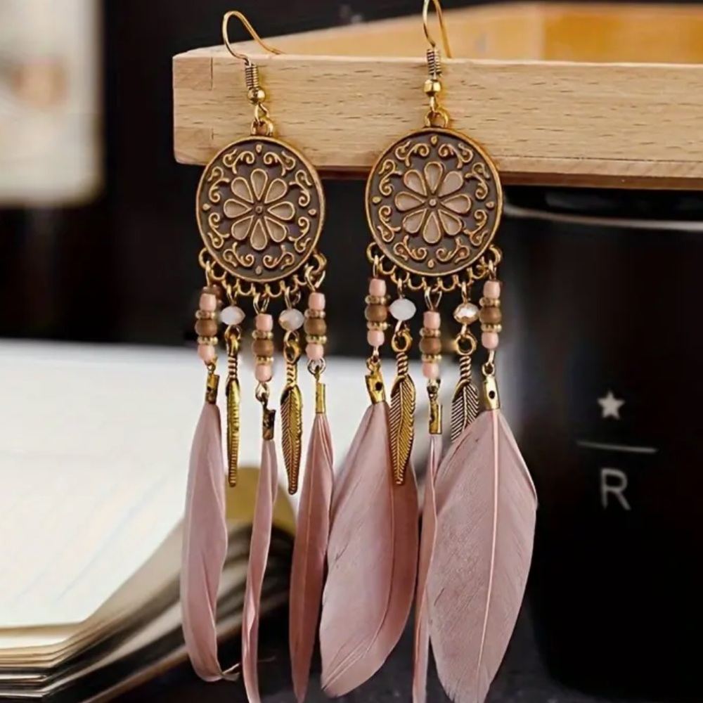 NEW! Boho Pink Nights Feather drop earrings